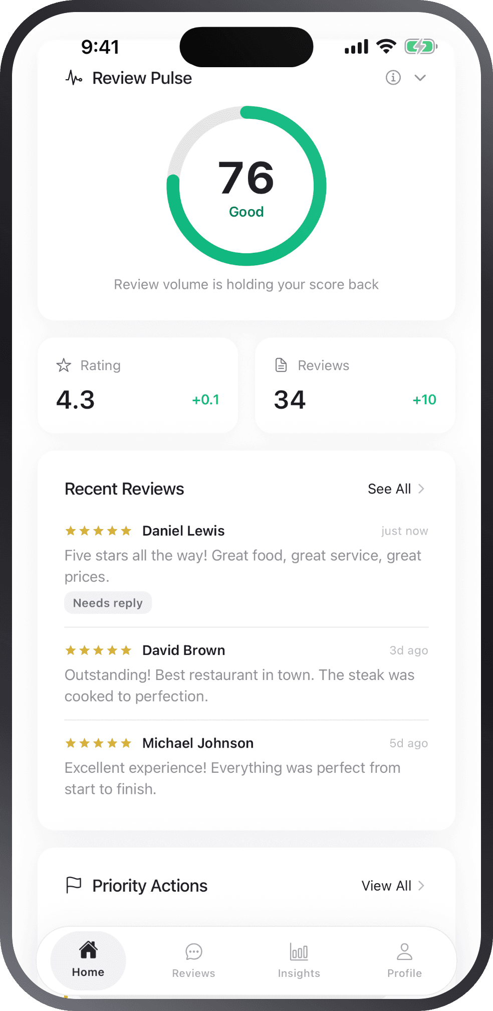 ReviewScout AI on iPhone: a Review Pulse score of 76 out of 100, the rating and review counts, and the most recent Google reviews